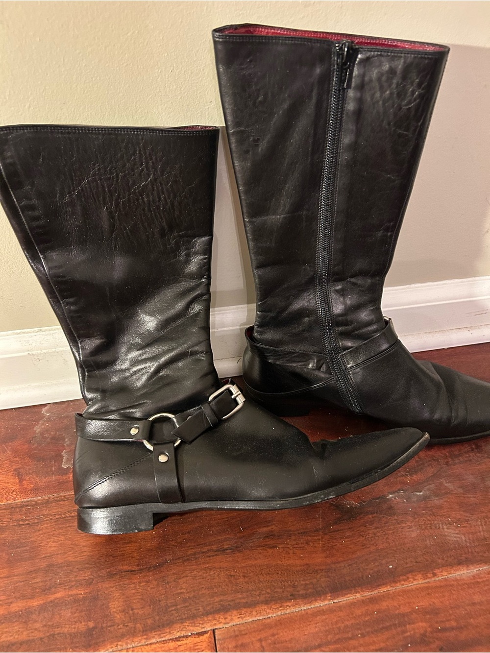 Women's Black Leather Mid-Calf Heeled Boots with Buckle Detail